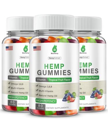 Hemp Gummies for Pain, Sleep, Anxiety - Hemp Gummy 100% Natural Organic Extra Strength High Potency with Pure H mp Oil Extract Vegan Bear Candy (3 Packs) Fruit Punch