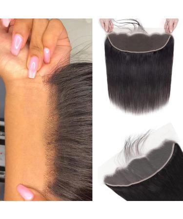 Mango girl 13X4 Ear To Ear Lace Frontal Closure Straight Human Hair 100% Remy Brazilian Virgin Hair 150 Density HD Transparent Lace Frontal Closure Human Hair Natural Black Pre-Pulled Baby Hair (10 Inch.  13X4 Frontal) 1...