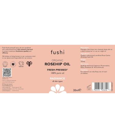 Fushi Organic Rosehip Seed Oil 30ml Best for Scars Fine Lines & Stretch Marks min Vitamin E 18.3 mcg/g Fresh-Pressed Ethical & Vegan Society Approved Manufactured in the UK - Buy Online on GoSupps.com