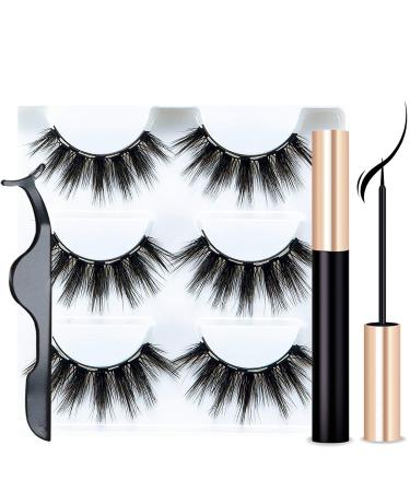 Magnetic Eyelashes with Eyeliner - Magnetic Eyeliner and Lashes Kit  5D Faux Mink Lashes Eyelashes Natural Look Reusable False Lashes (3 Pairs) mink 3 pairs