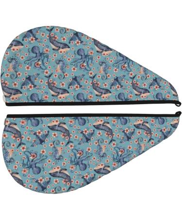Hair Towel Wrap with Button - Quick Drying Towel Turban for All Hair Types | Underwater Animals & Flowers Design - Buy Online on GoSupps.com
