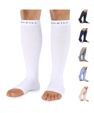NEWZILL Compression Socks for Women & Men Circulation 20mmHg Graduated Open Toe Cotton Compression Socks for Nurses White Small-Medium White