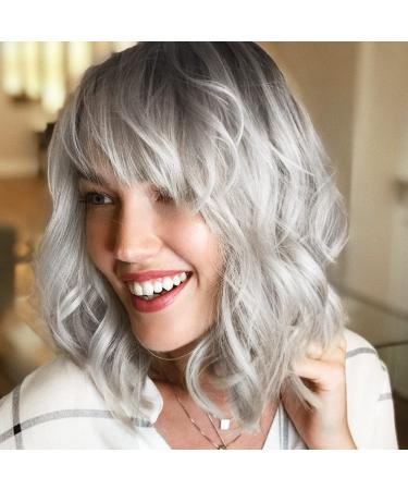 Yamel Wavy Bob Wig with Bangs Natural Ombre Silver Wig Synthetic Hair Shoulder Length Short Curly Wigs for Women Wavy S1# Ombre Silver