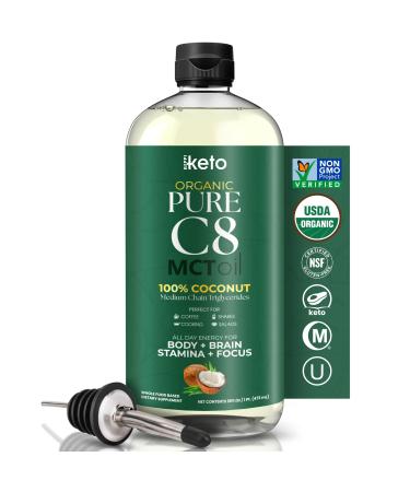Keppi Organic MCT Oil - Flavorless C8, Non-GMO, Certified Organic, Gluten-Free, Palm Oil Free, Vegan, Kosher, Halal, 16 oz Coconut Oil 16 Fl Oz C8