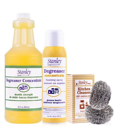 Stanley Home Products Degreaser Kit - Complete Degreaser Cleaning Products w/Degreaser Concentrate Liquid Bottle, Foaming Spray & Stainless Steel Kitchen Scouring Cleaners - Grease, Grime Remover Kit