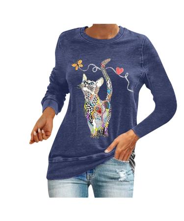 NHNKB Sweatshirt Women's Black Long Sleeve Women's Sweatshirt Cotton T-Shirt Women's with Print Cat Top Women's Black Elegant Casual Neck Shirt Women Blouse Long Sweatshirts Jumper Sleeves M Blue