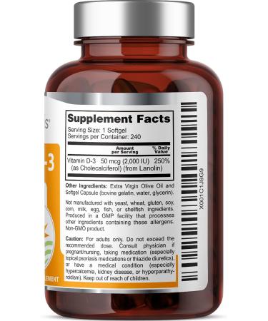 Health Genesis Vitamin D-3 2000 IU 240 Softgels | Non-GMO and Soy-Free | Extra Virgin Olive Oil Base - Buy Online on GoSupps.com