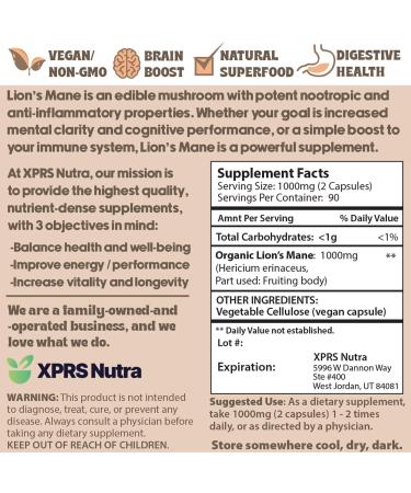 XPRS Nutra Organic Lions Mane Supplement Capsules - 180 Count (90 Day Supply) of Premium Lion's Mane Mushroom for Mental Clarity, Cognition and Immunity Lions Mane Powder 180 Count (Pack of 1) - Buy Online on GoSupps.com