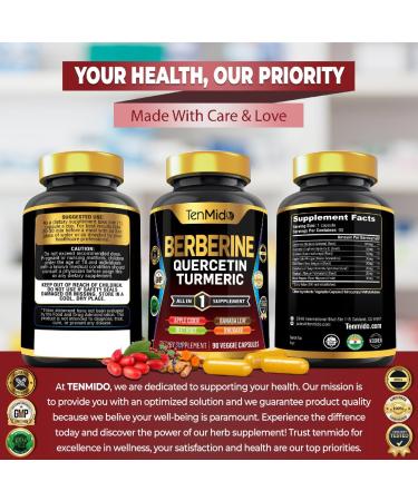 Tenmido Berberine Supplement for Men and Women 8in1 Formula with Quercetin Turmeric Apple Cider Vinegar Beet Root & More - Digestive Immune Support - Rich in Nutrient - 90 Capsules - Buy Online on GoSupps.com