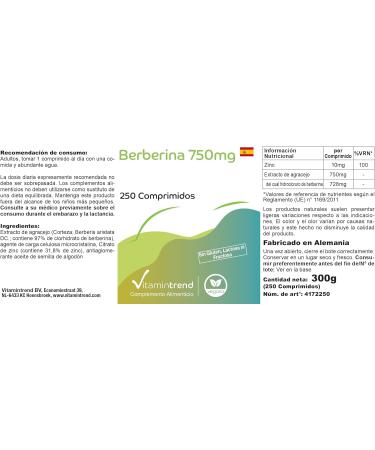 Vitamin trend Berberine HCl 750mg with zinc high dosage vegan 250 tablets Vitamintrend - Buy Online on GoSupps.com