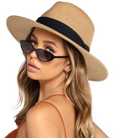 Womens Mens Wide Brim Straw Panama Hat Fedora Summer Beach Sun Hat UPF Straw Hat for Women Khaki Medium-Large
