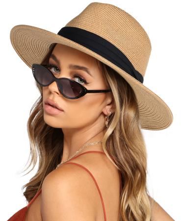 Womens Mens Wide Brim Straw Panama Hat Fedora Summer Beach Sun Hat UPF Straw Hat for Women Khaki Medium-Large - Buy Online on GoSupps.com