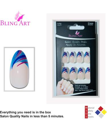 Bling Art Almond False Nails Fake Stiletto Glitter Blue Acrylic 24 Long Tip Glue - Buy Online on GoSupps.com