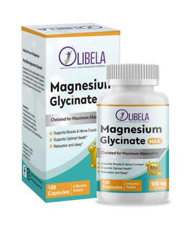 Olibela Magnesium Glycinate 500mg 180 Capsules Chelated. High Absorption to Support Relax Sleep Cardiovascular Health Muscles Sleep & Heart Health* No Fillers Vegan 6 Months Supply
