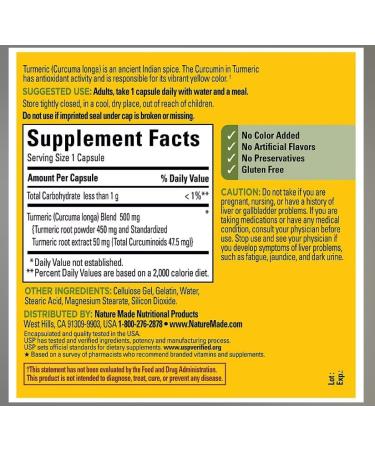 Nature Made Turmeric Curcumin with Standardized Extract Herbal Supplement Provides Antioxidant Benefits 180 Capsules - Buy Online on GoSupps.com