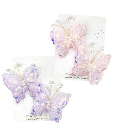 Butterfly Hair Clips 2 Pairs Blue Butterfly Hair Clips Girls Hair Accessories Kids Barrettes Hair Accessories Gifts for Girls and Kids (Purple & Pink)