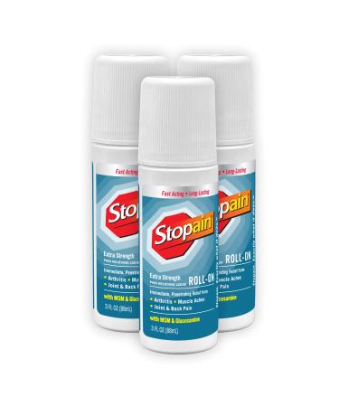 Stopain Pain Relief Roll On Gel 3oz (3 Pack) USA Made Max Strength Fast Acting With MSM Glucosamine Menthol Lower Back Knee Neck HSA FSA Approved Topical Analgesic Products