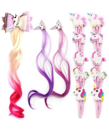 10 pieces unicorn hair clips + 2 pieces purple wig hair needle + unicorn wig hair needle color gradient princess hair clips for motto party children dress up DIY decoration