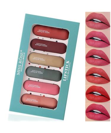 MISS ROSE M 6 Colors Matte Waterproof Lipstick Set  Labiales Matte Larga Duracion 24 Non-Stick Cup Matte Carved Lipstick Best Gifts for Girl or Women(6pcs)