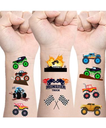 Temporary Tattoos for Kids Boys Monster Truck Party 2 Large Sheet Big Size Design Long Lasting Birthday Supplies Car Trucks.