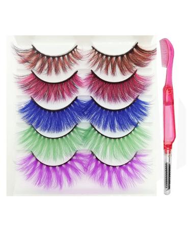Colored Lashes With Comb Set 5 Pairs Colorful Eyelashes Halloween Easter Faux Mink Colored False Eye Lashes Long Dramatic Party Fake Eyelashes Makeup Tools MQ3-15MM