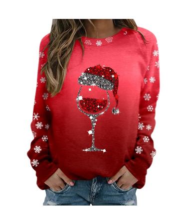Women's Christmas Sweatshirts Cute Snowman Penguin Print O-Neck Raglan Top Shirt Pullover Comfy Warm Xmas Jumper Winter Long Sleeve Tops Loose Tunic Top Sweaters Z33-red XL
