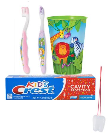 Jungle Animal's 4pc. Bright Smile Oral Hygiene Set! Girl's"Monkey See Monkey Do" Manual Toothbrush, Crest Kids Sparkle Fun Toothpaste & Mouthwash Rinse Cup Plus Bonus"Remember to Brush" Visual Aid!