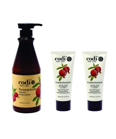 CODi Pomegranate Lotion - Body and Hand Lotion with Pump for Women and Men - Pomegranate Body Lotion with Wonderful Pomegranate Scent - Less Greasy  Quick Absorbent - 1 750ml Bottle and 2 100ml Tubes