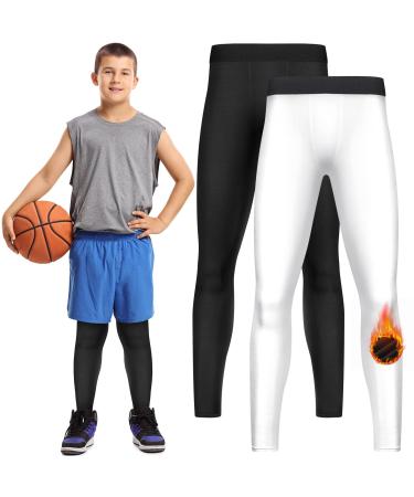 Haysandy Thermal Boys' Compression Winter Warm Leggings 2 Pack Tights Athletic Pants Basketball Compression Pants Boys Basketball Leggings Black White
