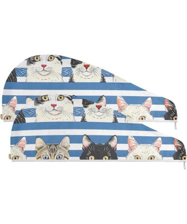Blue White Striped Cat Hair Towel 2 Pack - Super Absorbent Quick Dry Turbans for Women & Girls - Buy Online on GoSupps.com