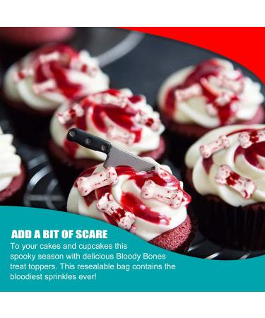 Bloody Bones Treat Toppers - 4 oz Resealable Stand Up Candy Bag - White Candy Bone Shaped Sprinkles w/ Red Splashes - Halloween Themed Sprinkles for Holiday Desserts and Snacks - Buy Online on GoSupps.com