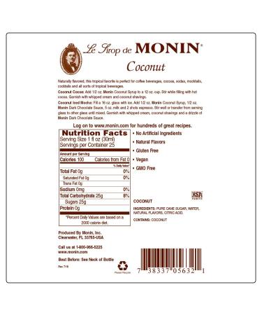 Monin Coconut Syrup - Creamy Tropical Coffee & Cocktail Drink Mix - 750ml (25.4 Fl Oz) - Gluten-Free & Non-GMO - Buy Online on GoSupps.com