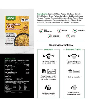 Kapka Vegetable Pulao Vegan Indian Food - 5 Pack Basmati Rice Meal Kit for Instant Pots | Ready to Eat Entrees - Pressure Cooker Friendly | 3-4 Servings Per Pack - Buy Online on GoSupps.com
