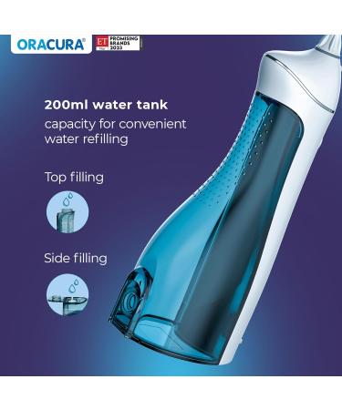 ORACURA Cordless Water Dental Flosser - Portable Electric Teeth Cleaner with 2 Jet Tips 4 Modes & 200ml Tank - IPX7 Waterproof - Perfect for Travel - White - Buy Online on GoSupps.com