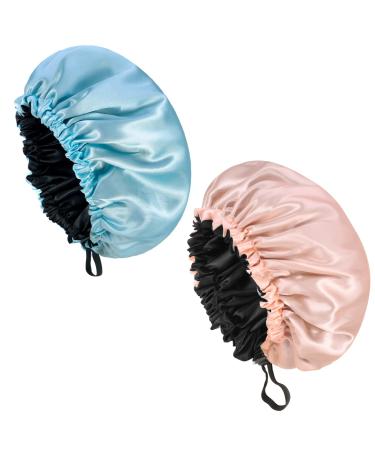 Fuyamp 2 Packs Satin Sleep Cap Adjustable Silky Sleep Bonnet for Women Long Curly Hair Double-Sided Waterproof Satin Hair Cap Extra Large Sleep Satin Bonnet for Women Girls Sleeping Blue+Pink