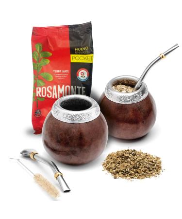 Balibetov Set with 2 Yerba Mate Gourd and 1 pack with 100g Yerba Mate - Yerba Mate Cup Argentina - 2 Mate Cups 2 Bombilla 1 Cleaning Brush 1 Lose Yerba Mate Bag (Dark Browne)