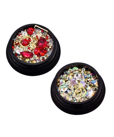 rieder 2 Box 3D Nail Jewelry Colorful Mixed Acrylic Tip Diamond Flat Jewel Stone Nail Rhinestone Manicure DIY Nail Art Decoration (Big Red White AB Shaped Diamond 1 each)
