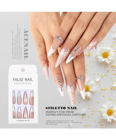 Buy Acenail Stiletto Press on Nails | Long Rhinestone Designs | Glossy Nude Acrylic Nails - Perfect for French Tips & Glitter 3D Full Cover - Buy Online on GoSupps.com