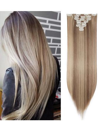 Silk-co Clip in Hair Extensions -Light Brown&Blond Long Straight Ombre Hairpiece 26inch Full Head 8 Pieces 18 Clips Extension 26 Inch Straight #Light Brown&Blond