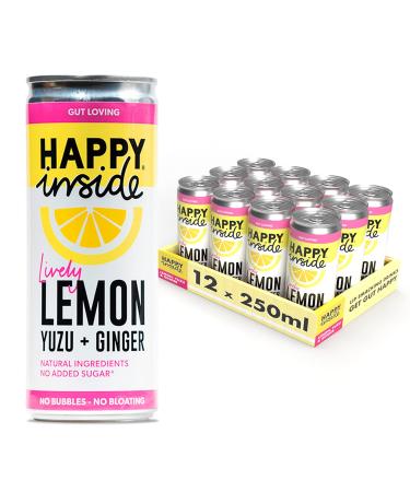 Happy Inside Gut Health Drink Prebiotic Natural Ingredients No Fizz Vegan No Added Sugar High Fibre Immunity Lemon Yuzu & Ginger Flavour 12 Cans x 250ml Lemon Yuzu & Ginger 12 x 250ml