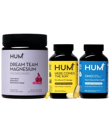 HUM Daily Wellness Essentials Bundle Dream Team Magnesium + OMG! Omega The Great + Here Comes The Sun Vitamin D3