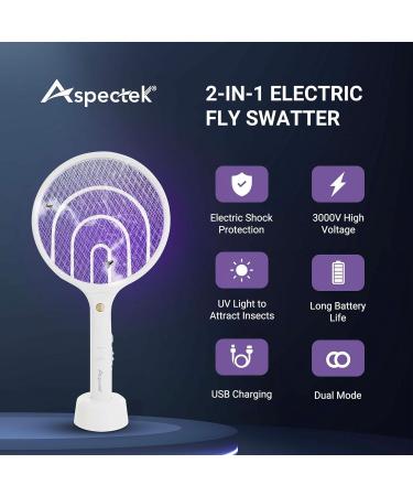 Aspectek 2 Pack Electric Fly Swatter 3000V 2 in 1 Mosquito Zapper USB Charging Cable White Double Mosquito Swatter - Buy Online on GoSupps.com