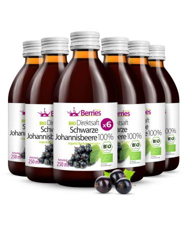Organic black currant juice 6 Pack (6x250ml) - organic pure black currant -thirking juice - 100% cold -pressed mother juice - without sugar GMO preservatives - vegan - KO - Berriespolska black currant 250 ml (6 Pack)