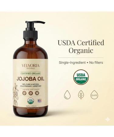 VELVORIA NATURALS Organic Jojoba Oil - 100% Pure Cold Pressed Unrefined Non-GMO for Skin Hair & Nails 16oz - Glass bottle with pump - Buy Online on GoSupps.com