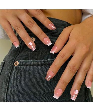 YOSOMK 24Pcs Short Square Press on Nails - Orange Pink Sequins | Full Cover Stick on False Nails with Glue for Women & Girls - Buy Online on GoSupps.com