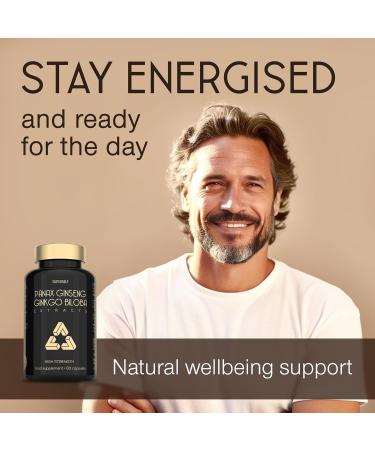 Panax Ginseng Capsules High Strength - 6000mg Korean Red Ginseng & Ginkgo Biloba for Natural Energy & Focus - Vegan & UK Made - 60 Tablets One-a-Day - Premium Ginseng Root Supplements for Men & Women - Buy Online on GoSupps.com