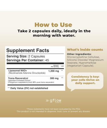 gflow vitamins NAD+ Supplement (Nicotinamide Adenine Dinucleotide) with Resveratrol as 98% Pure Trans-resveratrol | Antioxidant Anti-Aging Supplement Made in The USA - Buy Online on GoSupps.com