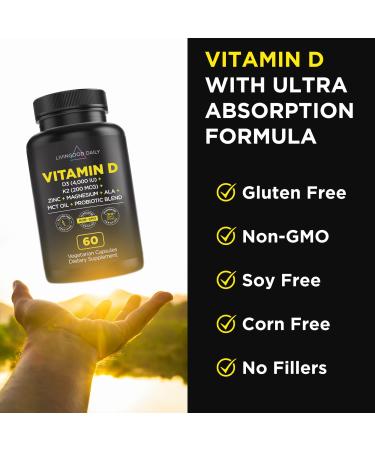 Livingood Daily Vitamin D 60 Capsules - Vitamin D3 4000 IU Plus 200mcg of K2 Vitamins with MCT Oil ALA Magnesium Zinc VIT A E & Probiotic Blend - 9 in 1 Formula - K2 D3 Vitamin Supplement