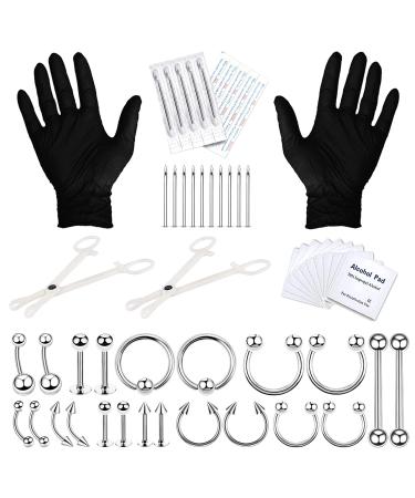 BodyJ4You 36PC PRO Body Piercing Kit | Nose Septum Ear Cartilage Lip Belly Navel Tragus Eyebrow | Surgical Steel 14G 16G BCR CBR Ring Barbell Spike | Tools Needles Gloves Clamps Silvertone