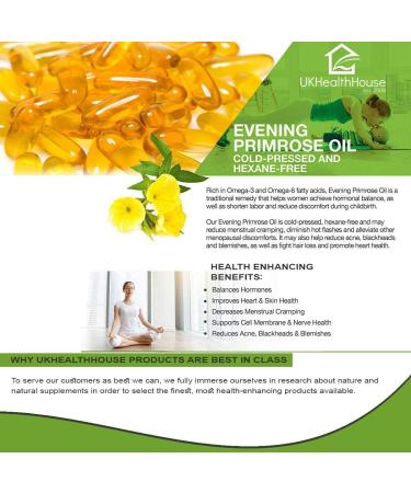 UKHealthHouse Evening Primrose Oil 1000mg x 120 Softgels - High Strength Omega 6 GLA, Hormonal Balance - Women's Health Supplement for Skin, Immune System, Pain Relief - 120 Count - Buy Online on GoSupps.com